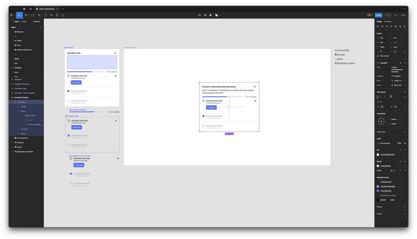 Figma UI showing the checklist page of the component library file