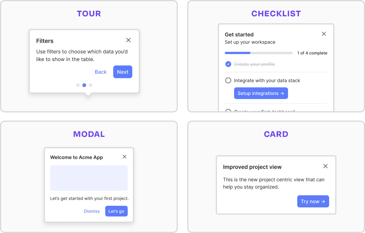 Dopt tour, checklist, modal, and card components